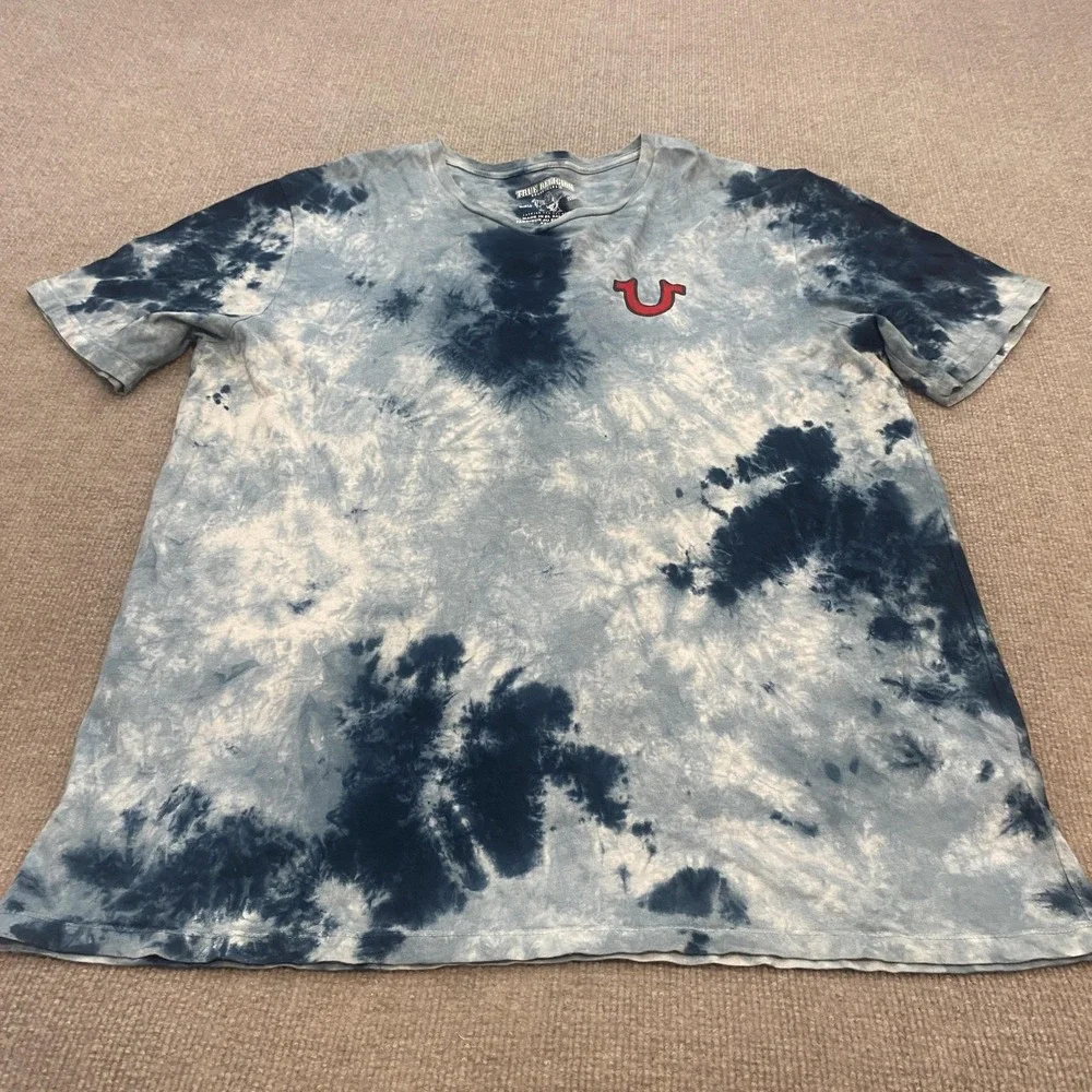 True Religion Shirt Mens 2XL Blue Tie Dye Buddha Graphic Fashion Senses Tee